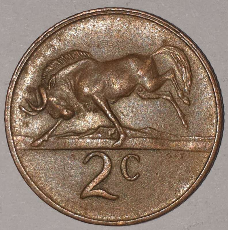 1978 - 2 CENT COIN (TWO CENT COIN) - RSA - BRONZE - KM#83 - BILINGUAL LEGEND - WILDEBEEST